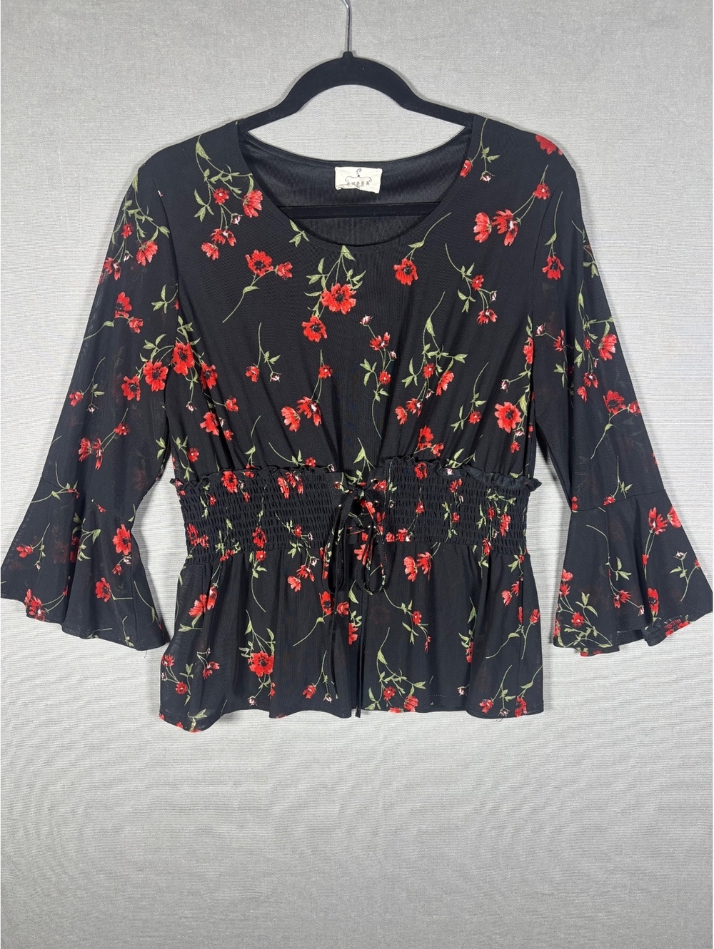 Ember Black Floral Lace-Up Waist Blouse XL